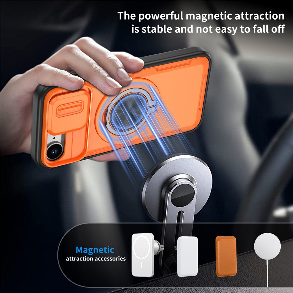 For iPhone 17e  /  16e Magnetic Case Slide Camera Cover Rotary Kickstand PC + TPU Phone Shell