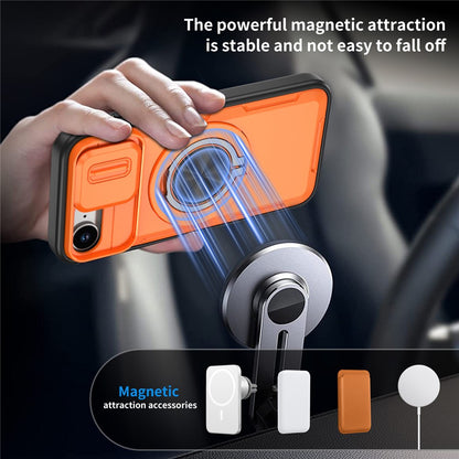 For iPhone 17e  /  16e Magnetic Case Slide Camera Cover Rotary Kickstand PC + TPU Phone Shell