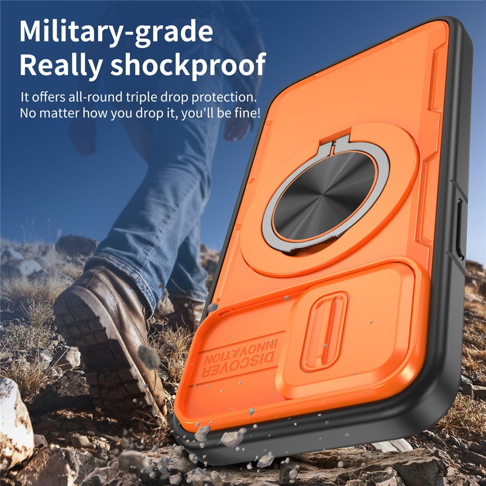 For iPhone 17e  /  16e Magnetic Case Slide Camera Cover Rotary Kickstand PC + TPU Phone Shell