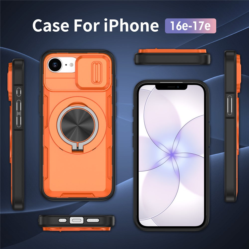 For iPhone 17e  /  16e Magnetic Case Slide Camera Cover Rotary Kickstand PC + TPU Phone Shell
