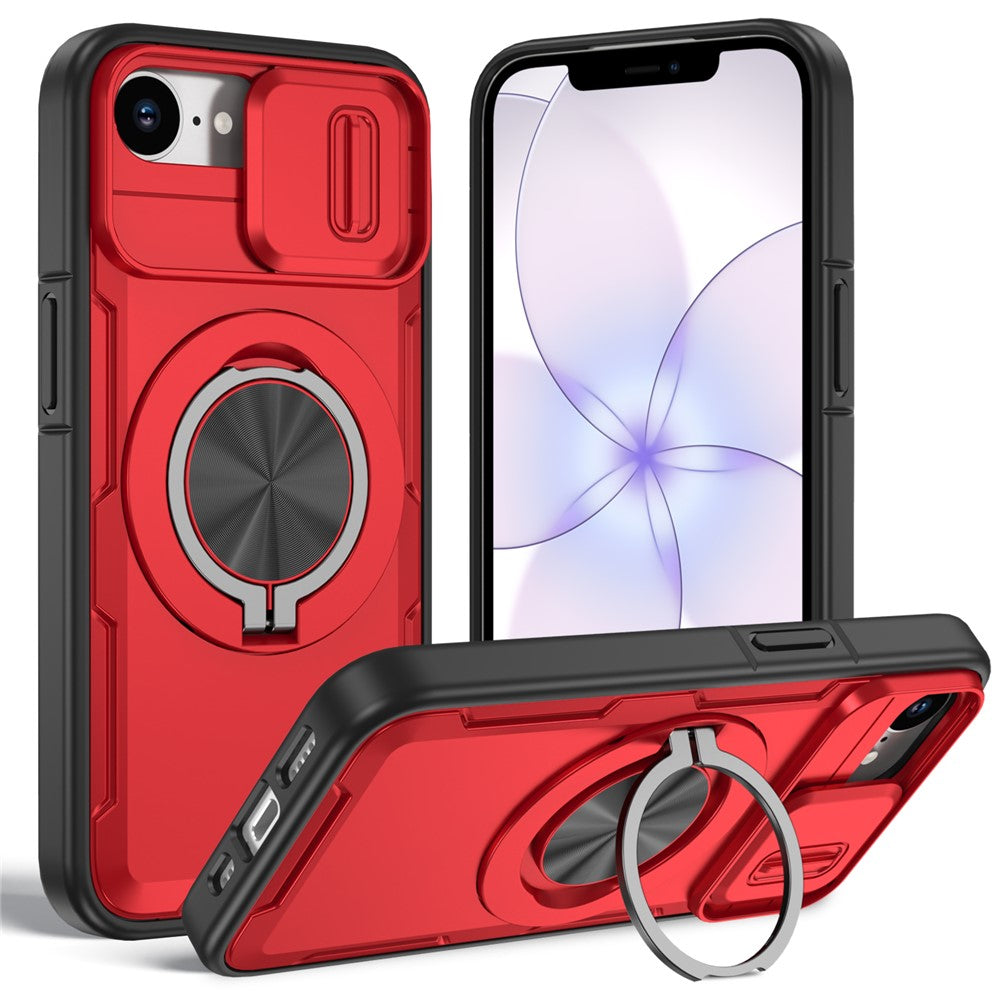 For iPhone 17e  /  16e Magnetic Case Slide Camera Cover Rotary Kickstand PC + TPU Phone Shell