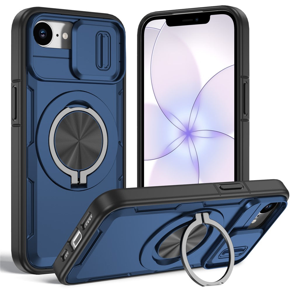 For iPhone 17e  /  16e Magnetic Case Slide Camera Cover Rotary Kickstand PC + TPU Phone Shell