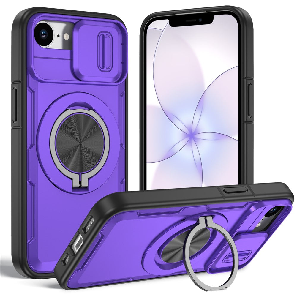 For iPhone 17e  /  16e Magnetic Case Slide Camera Cover Rotary Kickstand PC + TPU Phone Shell