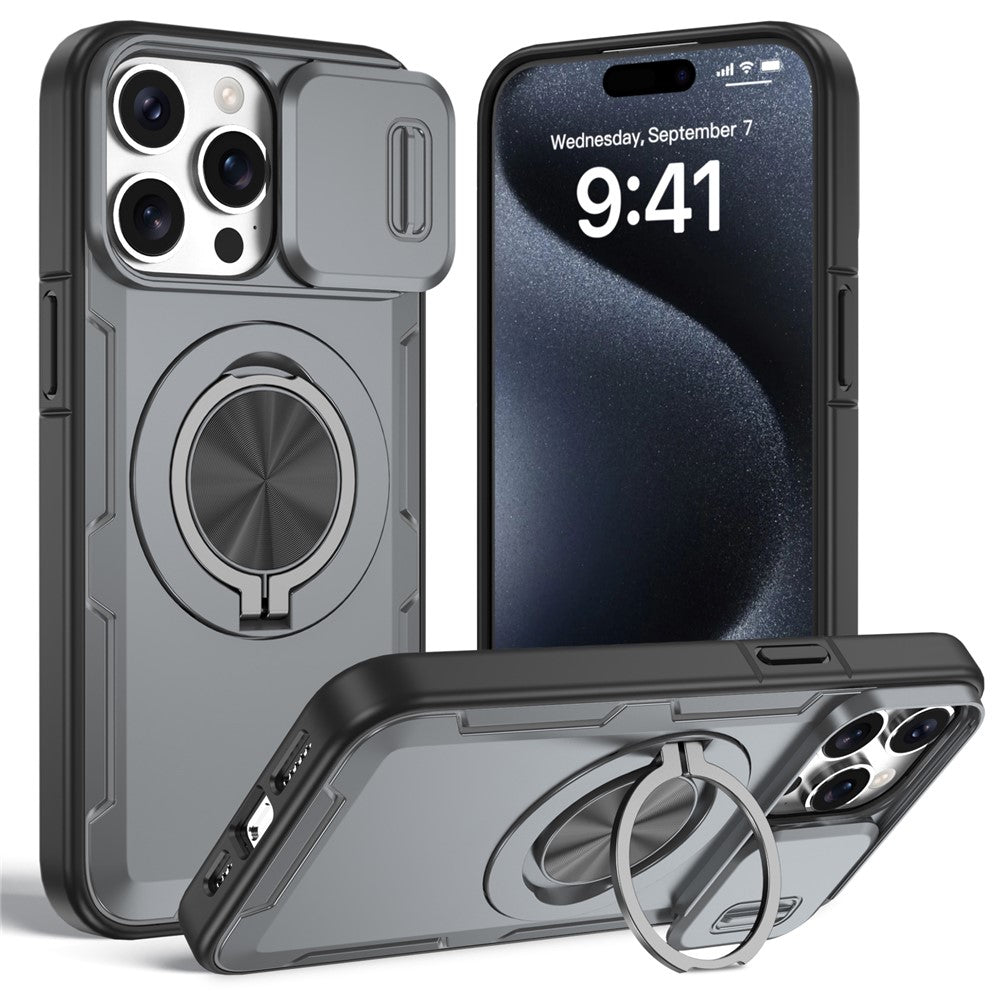 For iPhone 15 Pro Max Magnetic Case Slide Camera Cover Rotary Kickstand PC + TPU Phone Shell