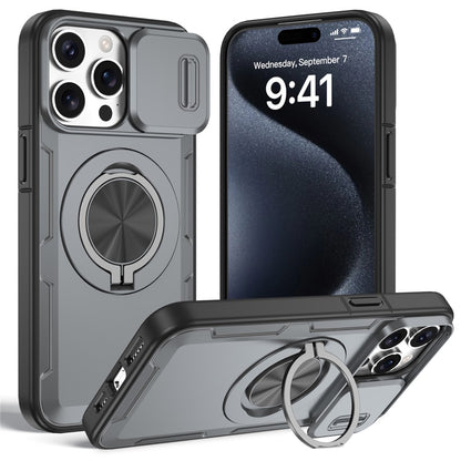 For iPhone 15 Pro Max Magnetic Case Slide Camera Cover Rotary Kickstand PC + TPU Phone Shell