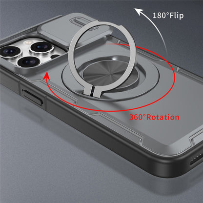 For iPhone 15 Pro Max Magnetic Case Slide Camera Cover Rotary Kickstand PC + TPU Phone Shell