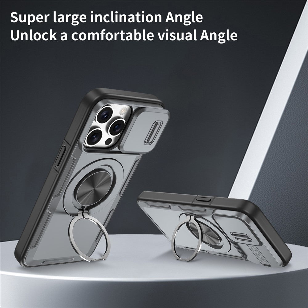 For iPhone 15 Pro Max Magnetic Case Slide Camera Cover Rotary Kickstand PC + TPU Phone Shell