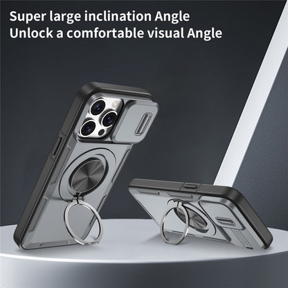 For iPhone 15 Pro Max Magnetic Case Slide Camera Cover Rotary Kickstand PC + TPU Phone Shell