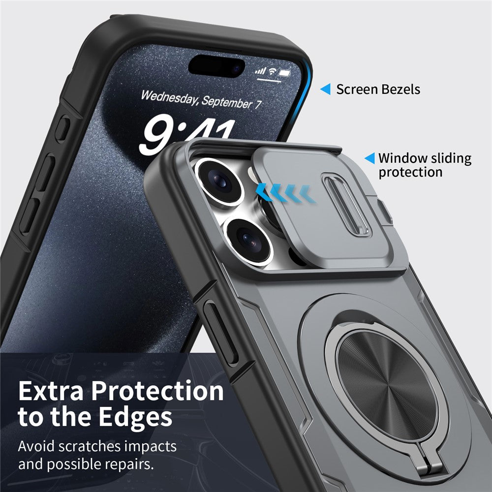 For iPhone 15 Pro Max Magnetic Case Slide Camera Cover Rotary Kickstand PC + TPU Phone Shell