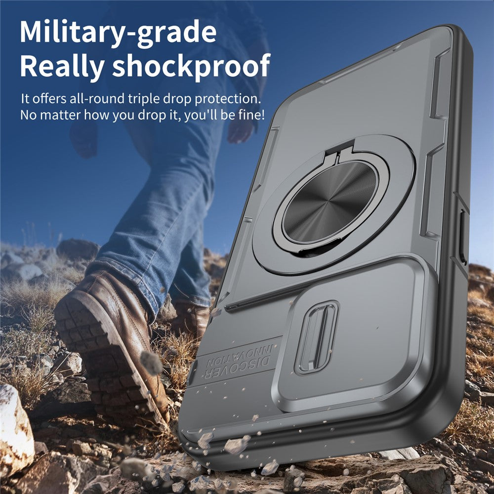 For iPhone 15 Pro Max Magnetic Case Slide Camera Cover Rotary Kickstand PC + TPU Phone Shell