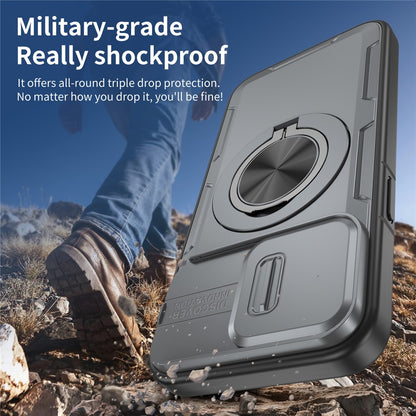 For iPhone 15 Pro Max Magnetic Case Slide Camera Cover Rotary Kickstand PC + TPU Phone Shell