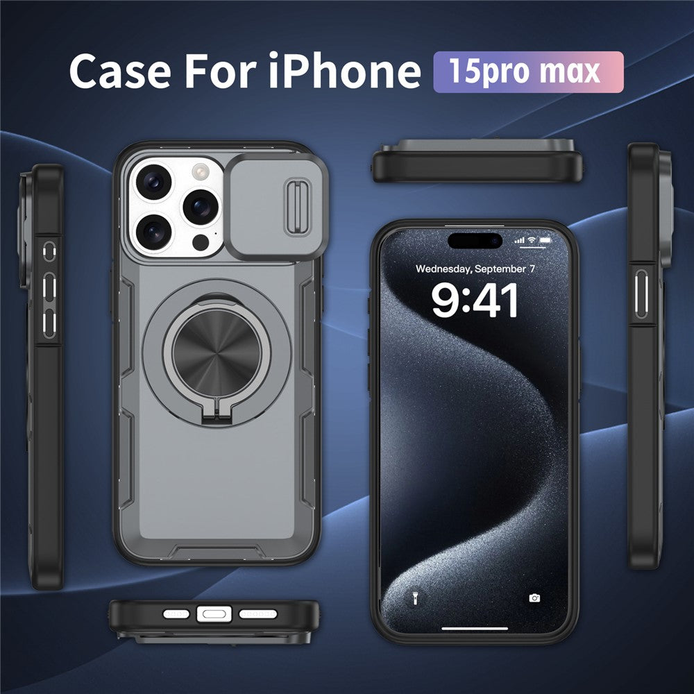 For iPhone 15 Pro Max Magnetic Case Slide Camera Cover Rotary Kickstand PC + TPU Phone Shell