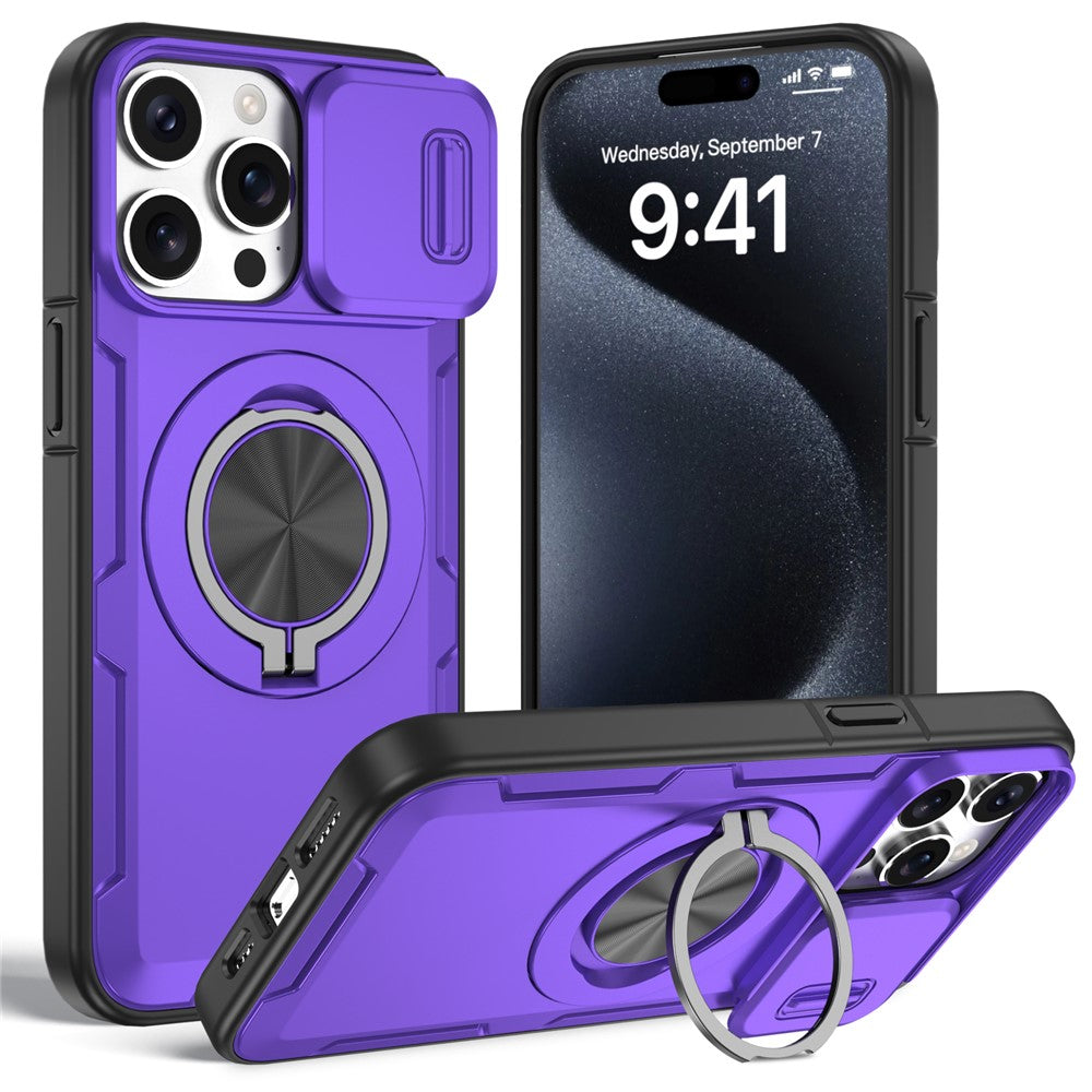 For iPhone 15 Pro Max Magnetic Case Slide Camera Cover Rotary Kickstand PC + TPU Phone Shell