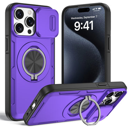 For iPhone 15 Pro Max Magnetic Case Slide Camera Cover Rotary Kickstand PC + TPU Phone Shell