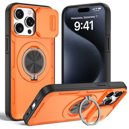 For iPhone 15 Pro Max Magnetic Case Slide Camera Cover Rotary Kickstand PC + TPU Phone Shell