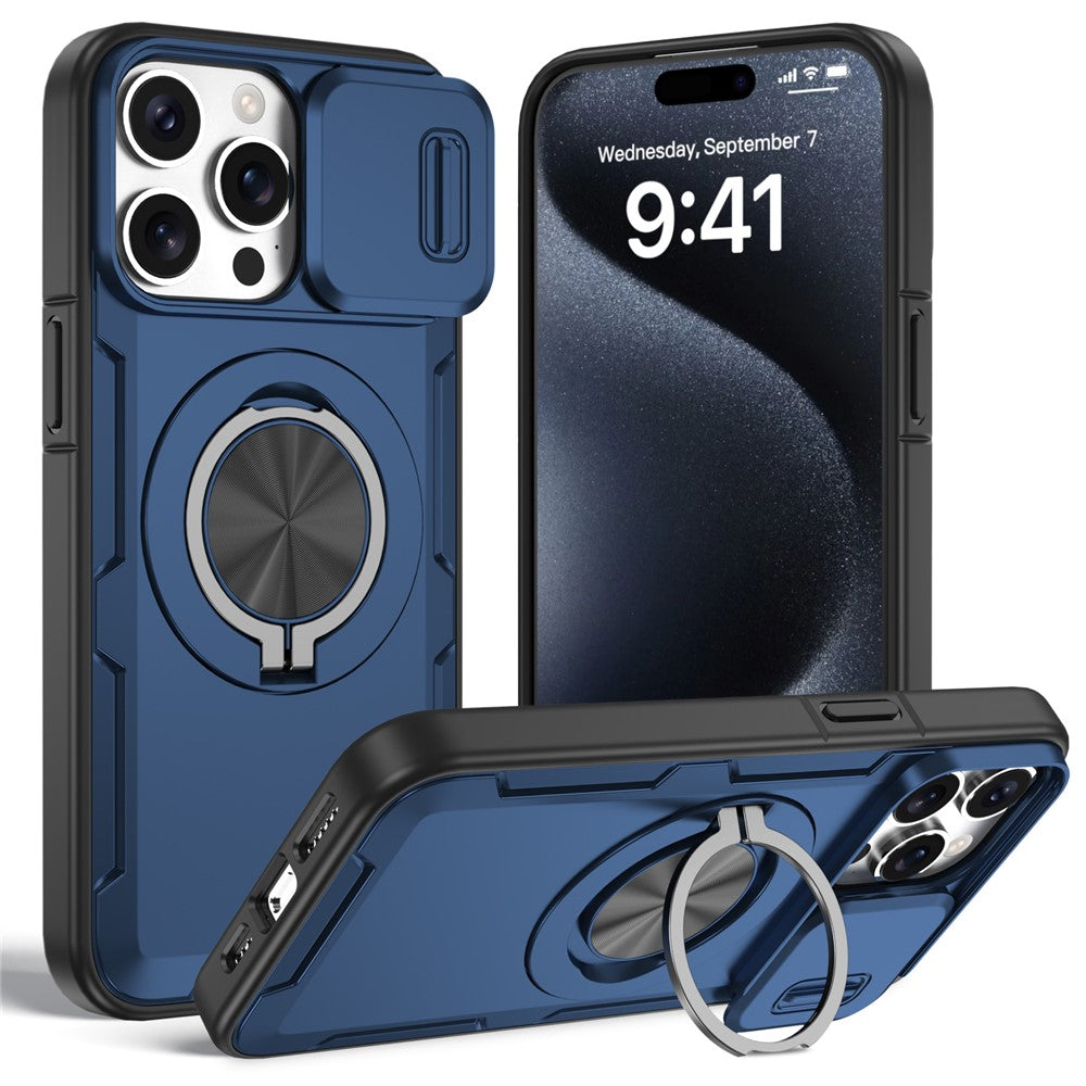 For iPhone 15 Pro Max Magnetic Case Slide Camera Cover Rotary Kickstand PC + TPU Phone Shell