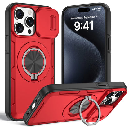 For iPhone 15 Pro Max Magnetic Case Slide Camera Cover Rotary Kickstand PC + TPU Phone Shell