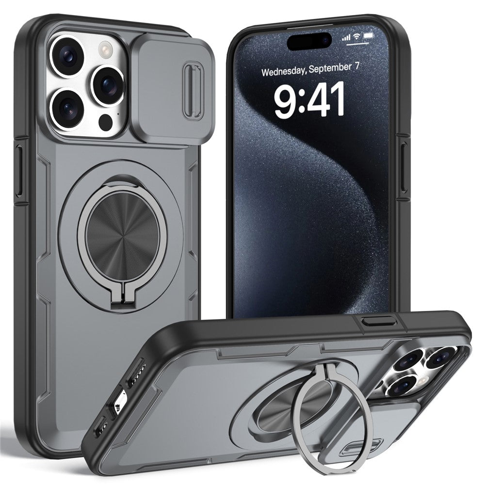 For iPhone 15 Pro Magnetic Case Slide Camera Cover Rotary Kickstand PC + TPU Phone Shell