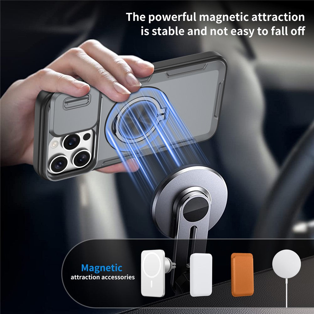 For iPhone 15 Pro Magnetic Case Slide Camera Cover Rotary Kickstand PC + TPU Phone Shell