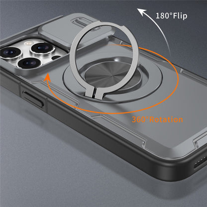 For iPhone 15 Pro Magnetic Case Slide Camera Cover Rotary Kickstand PC + TPU Phone Shell