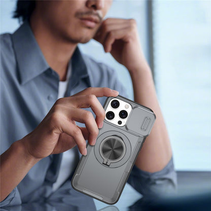 For iPhone 15 Pro Magnetic Case Slide Camera Cover Rotary Kickstand PC + TPU Phone Shell