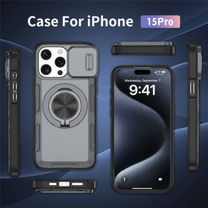For iPhone 15 Pro Magnetic Case Slide Camera Cover Rotary Kickstand PC + TPU Phone Shell