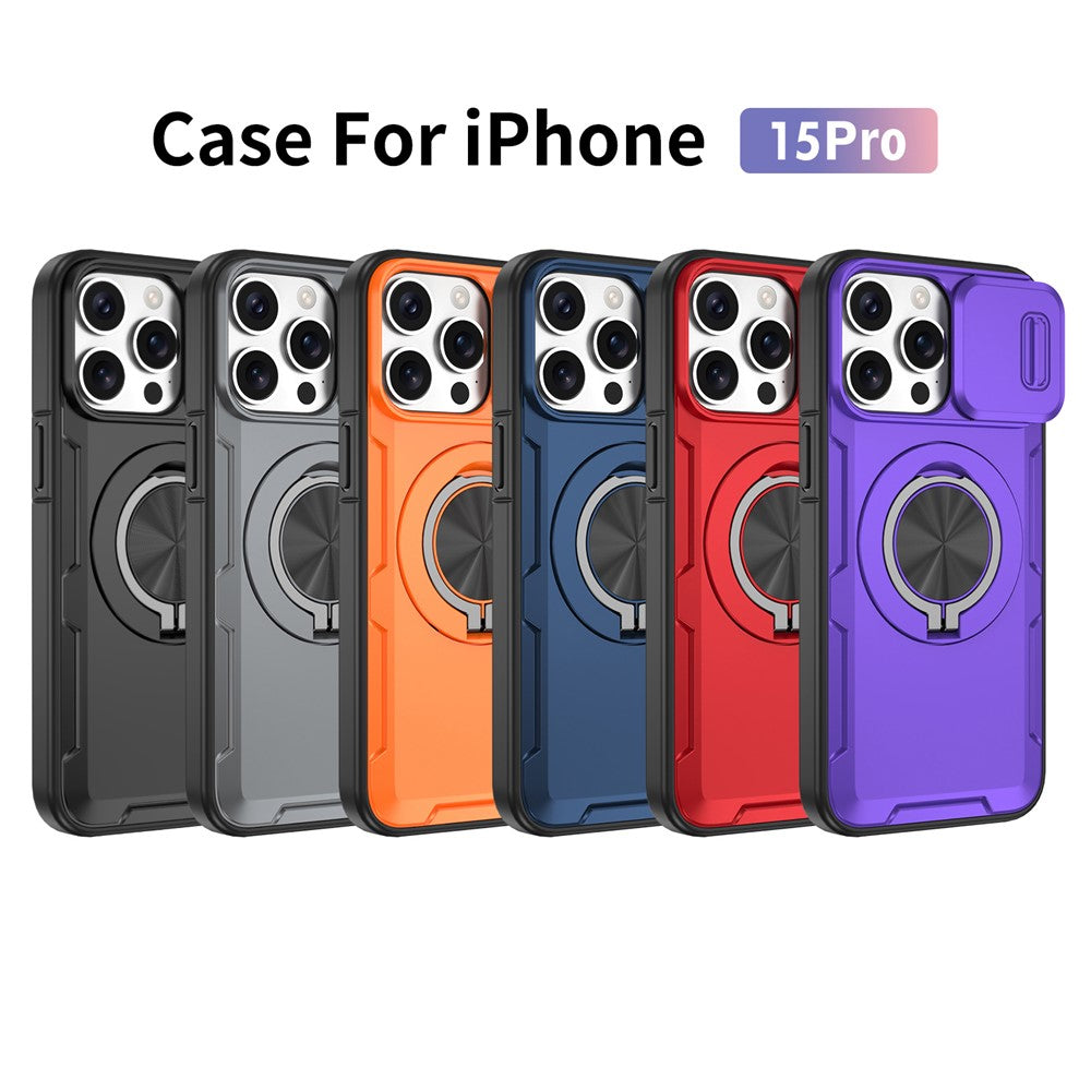 For iPhone 15 Pro Magnetic Case Slide Camera Cover Rotary Kickstand PC + TPU Phone Shell