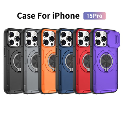 For iPhone 15 Pro Magnetic Case Slide Camera Cover Rotary Kickstand PC + TPU Phone Shell