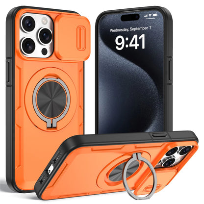 For iPhone 15 Pro Magnetic Case Slide Camera Cover Rotary Kickstand PC + TPU Phone Shell