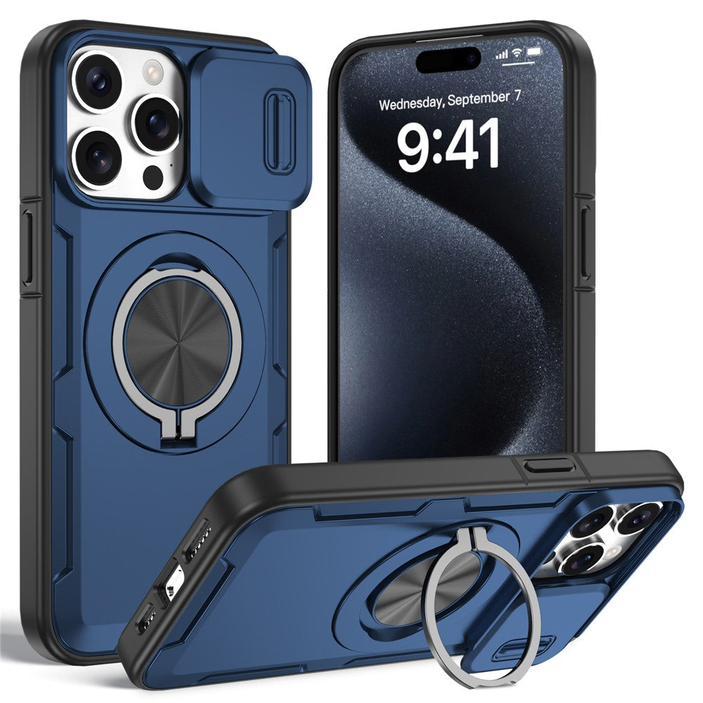 For iPhone 15 Pro Magnetic Case Slide Camera Cover Rotary Kickstand PC + TPU Phone Shell