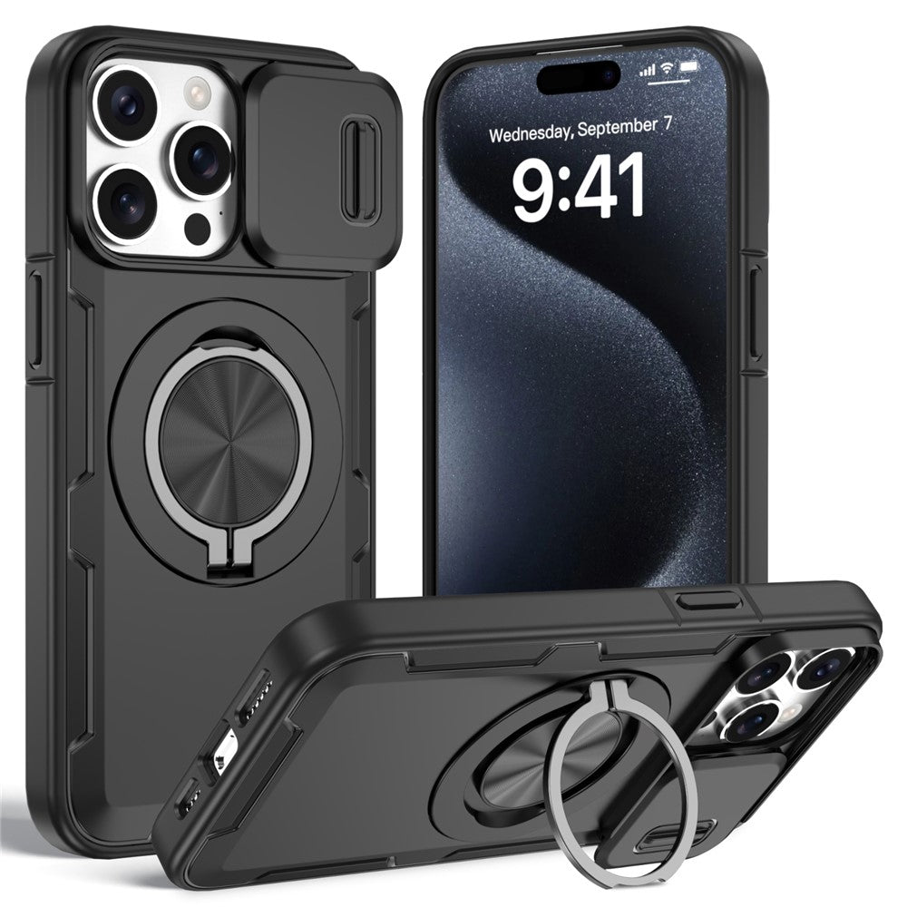 For iPhone 15 Pro Magnetic Case Slide Camera Cover Rotary Kickstand PC + TPU Phone Shell