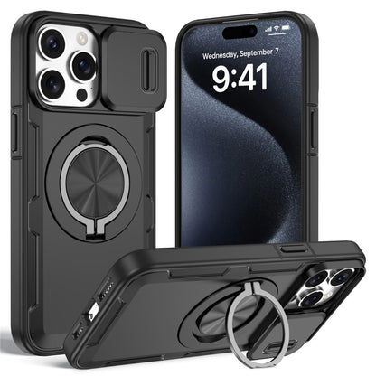 For iPhone 15 Pro Magnetic Case Slide Camera Cover Rotary Kickstand PC + TPU Phone Shell