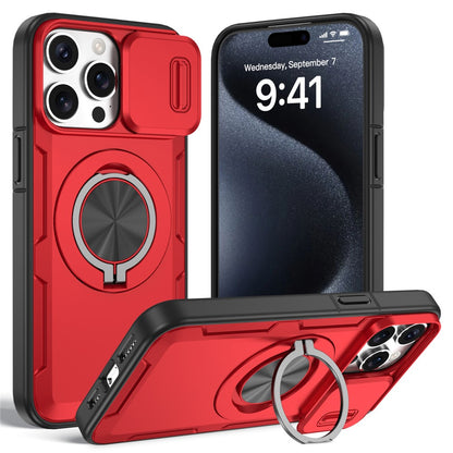 For iPhone 15 Pro Magnetic Case Slide Camera Cover Rotary Kickstand PC + TPU Phone Shell
