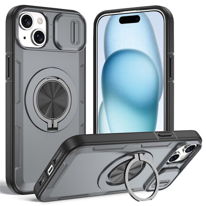 For iPhone 15 Magnetic Case Slide Camera Cover Rotary Kickstand PC + TPU Phone Shell