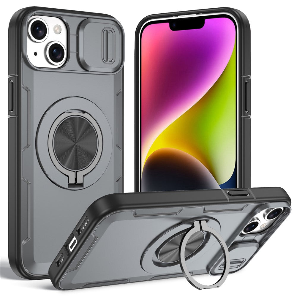 For iPhone 14  /  13 Magnetic Case Slide Camera Cover Rotary Kickstand PC + TPU Phone Shell