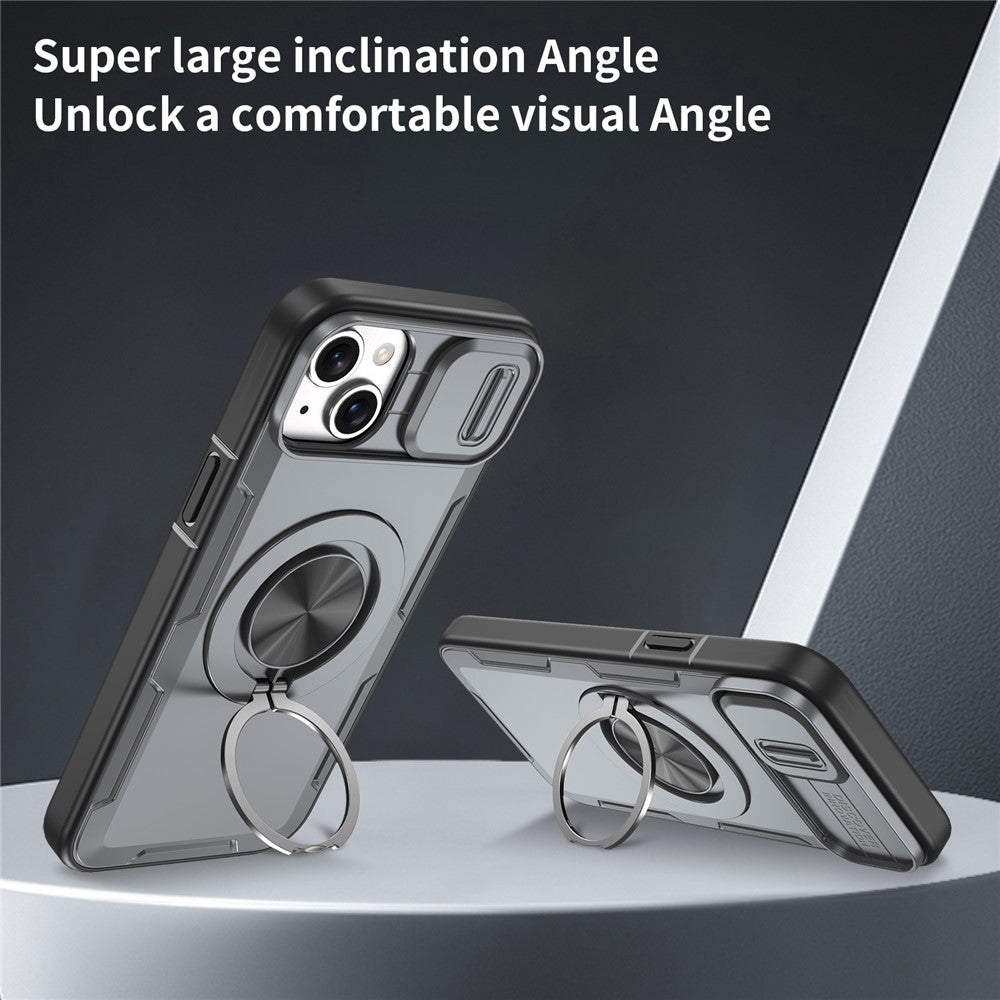 For iPhone 14  /  13 Magnetic Case Slide Camera Cover Rotary Kickstand PC + TPU Phone Shell