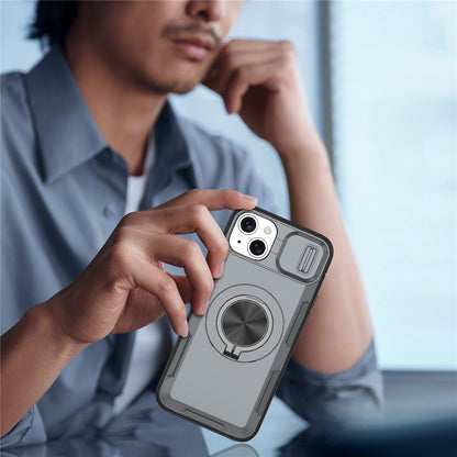 For iPhone 14  /  13 Magnetic Case Slide Camera Cover Rotary Kickstand PC + TPU Phone Shell