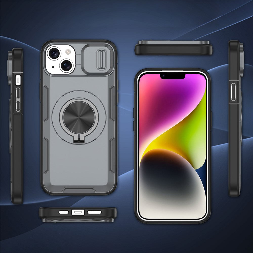 For iPhone 14  /  13 Magnetic Case Slide Camera Cover Rotary Kickstand PC + TPU Phone Shell