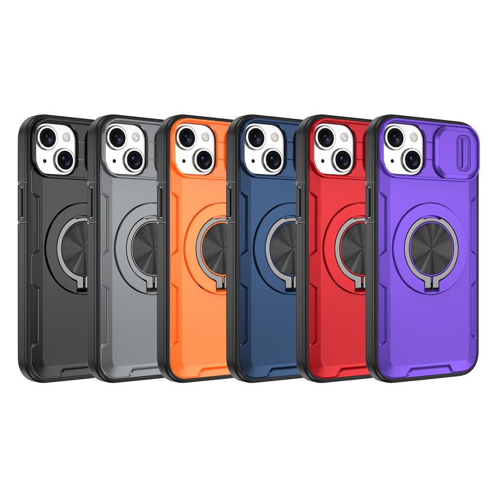 For iPhone 14  /  13 Magnetic Case Slide Camera Cover Rotary Kickstand PC + TPU Phone Shell