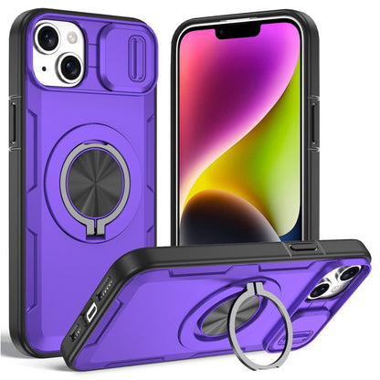 For iPhone 14  /  13 Magnetic Case Slide Camera Cover Rotary Kickstand PC + TPU Phone Shell