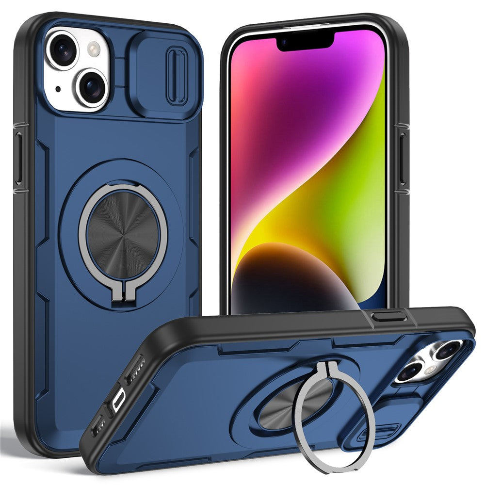 For iPhone 14  /  13 Magnetic Case Slide Camera Cover Rotary Kickstand PC + TPU Phone Shell