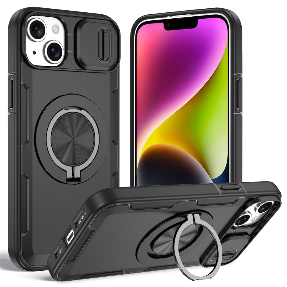 For iPhone 14  /  13 Magnetic Case Slide Camera Cover Rotary Kickstand PC + TPU Phone Shell