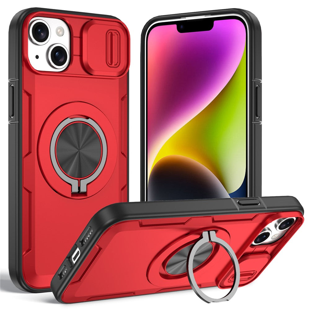 For iPhone 14  /  13 Magnetic Case Slide Camera Cover Rotary Kickstand PC + TPU Phone Shell