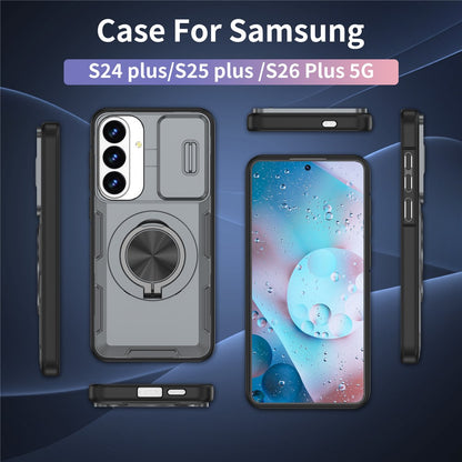 For Samsung Galaxy S26+  /  S25+  /  S24+ Magnetic Case Slide Camera Cover Rotary Kickstand PC + TPU Phone Shell