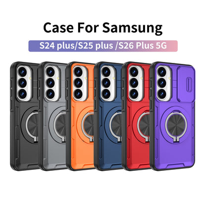 For Samsung Galaxy S26+  /  S25+  /  S24+ Magnetic Case Slide Camera Cover Rotary Kickstand PC + TPU Phone Shell