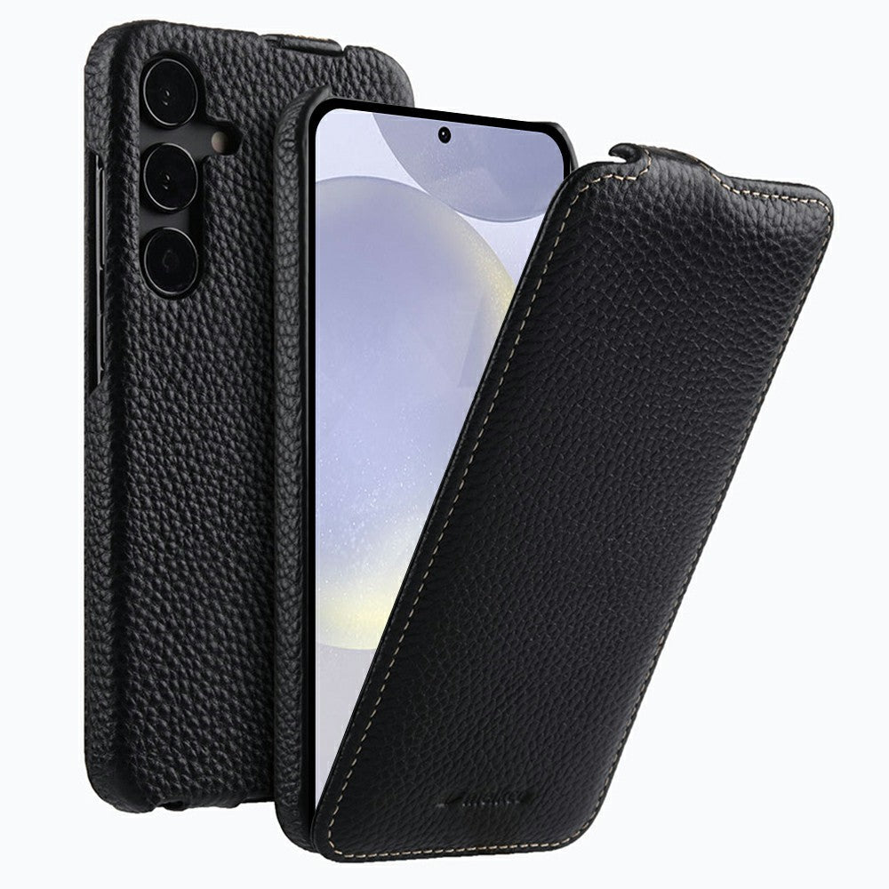 MELKCO For Samsung Galaxy S26+ Magnetic Case Vertical Flip Genuine Cow Leather + PC Phone Cover
