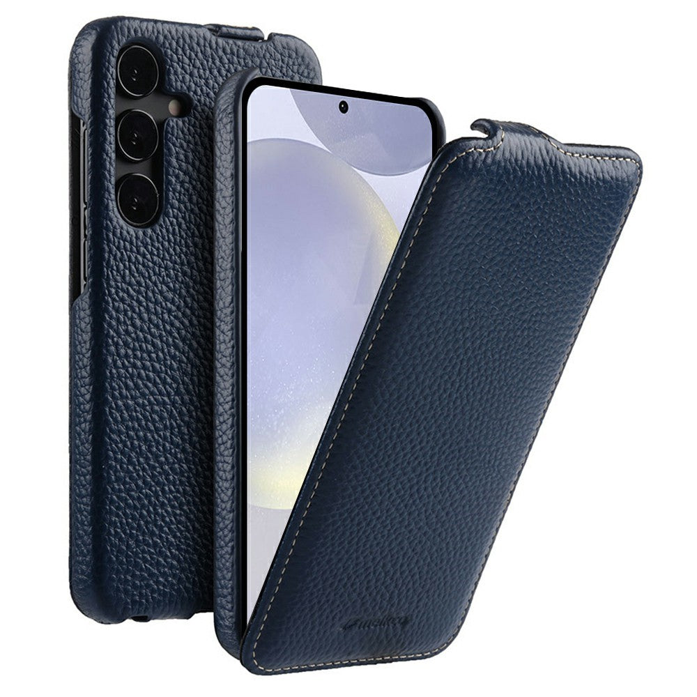 MELKCO For Samsung Galaxy S26+ Magnetic Case Vertical Flip Genuine Cow Leather + PC Phone Cover