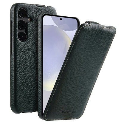 MELKCO For Samsung Galaxy S26+ Magnetic Case Vertical Flip Genuine Cow Leather + PC Phone Cover