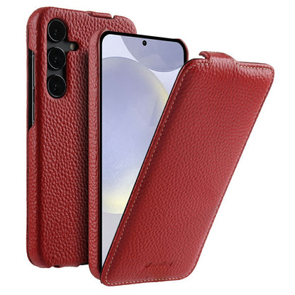 MELKCO For Samsung Galaxy S26+ Magnetic Case Vertical Flip Genuine Cow Leather + PC Phone Cover