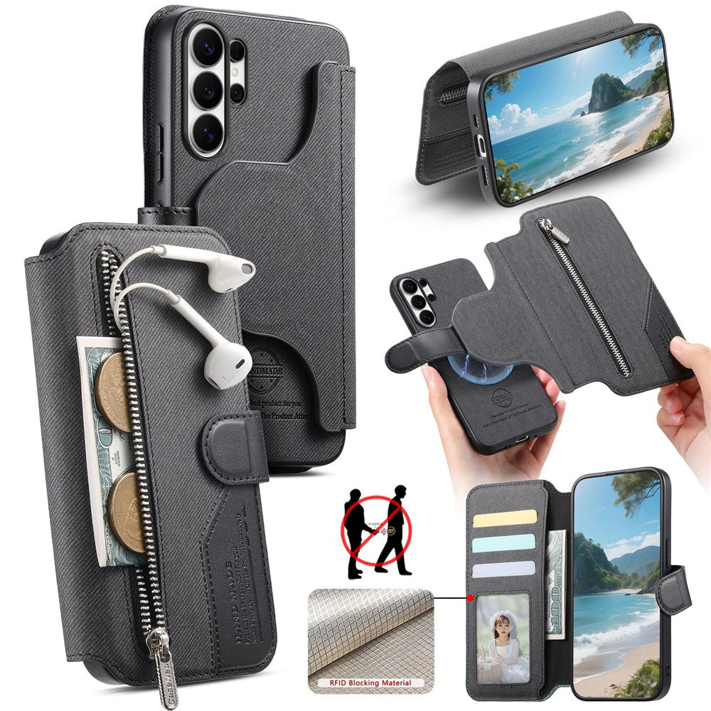 For Samsung Galaxy S25 Ultra Magnetic Case RFID Blocking Detachable Wallet Stand Cloth Texture Leather Phone Cover